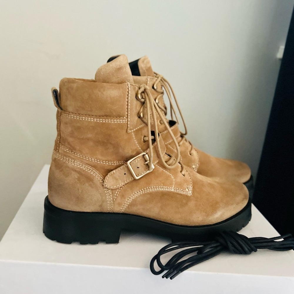 All Saints Paulina Suede Leather Buckle Moto Boot, Size 11, Brown/Tan, NWT‎